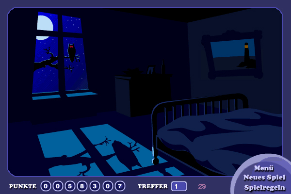Screenshot of the game, showing a dark blue-ish bedroom