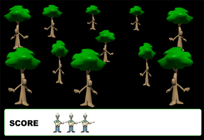 BanjoBuster screenshot - several (eleven to be exact) cartoon trees make up a tiny forest. Underneath there's white bar with the score, which shows three pictures of a banjo alien, meaning a score of 3.