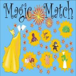 Magic Match cover, showing a fairy wearing a yellow robe and using her magic wand to create several objects and creatures in the air.