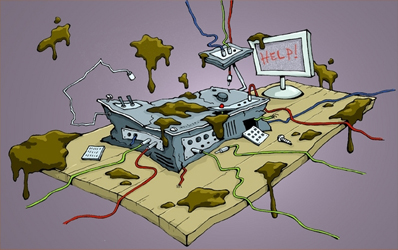 Mudsplat screenshot - power room, showing a drawing of a computer on a table with mud