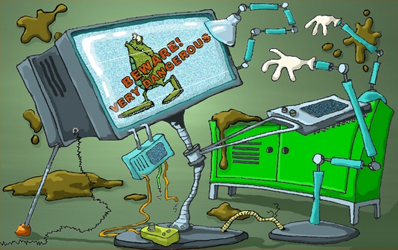 Mudsplat screenshot - machine room, showing a drawing of a monitor on a metal pole, surrounded by robot hands on lamp stands. Interesting detail is a green version of Ikea's Ikea PS dresser