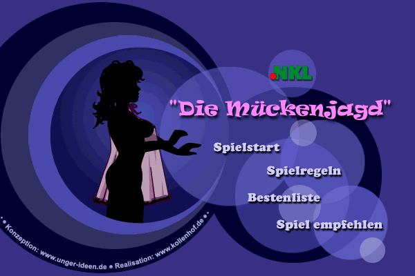 Mueckenjagd title screen, showing a silouette of a woman in a nightgown