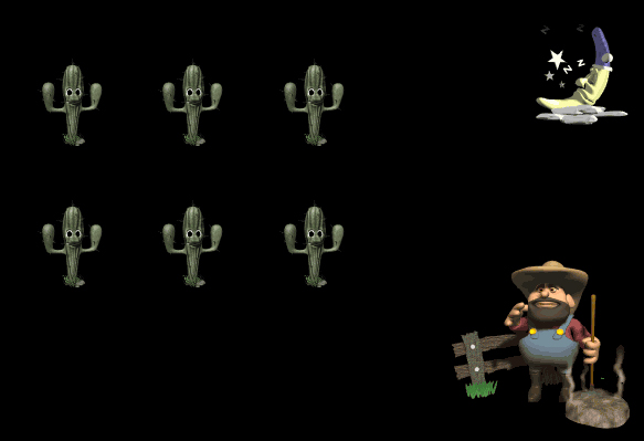 Screenshot of Sonokids Memory, showing 6 cactuses, a farmer and a sleeping moon.